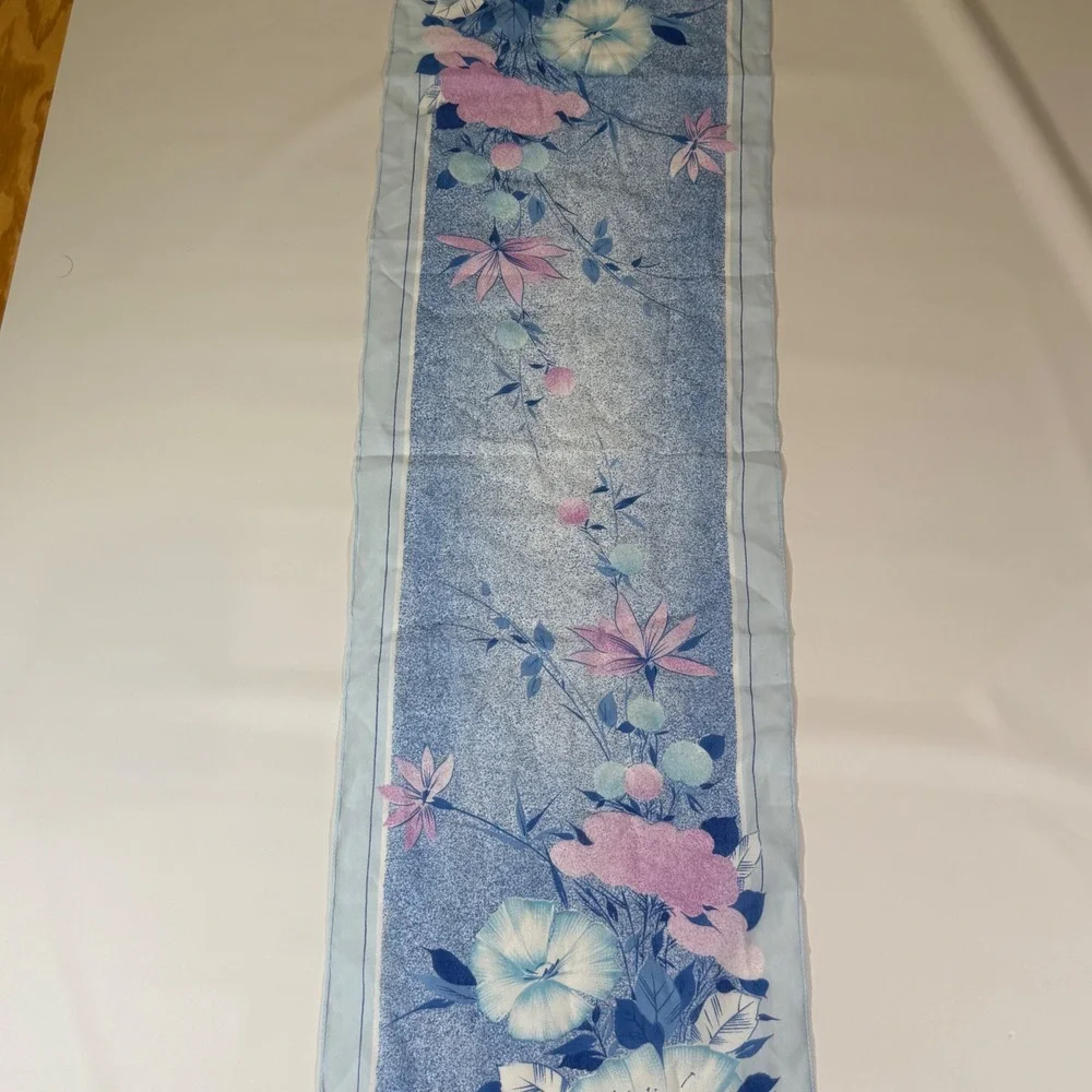 VTG Floral Scarf Silken Polyester by Birkshire Blue Pink 54x12 Cottagecore Retro